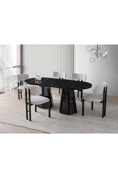 Viento Mobilya Bohem Sonato Highgloss Sabit 180X90 Masa Tuna 8 Kişilik Beyaz Bukle Kumaş Sandalye Masa Takımı