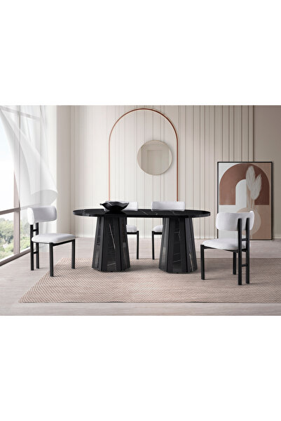 Viento Mobilya Bohem Sonato Highgloss Sabit 180X90 Masa Tuna 8 Kişilik Beyaz Bukle Kumaş Sandalye Masa Takımı