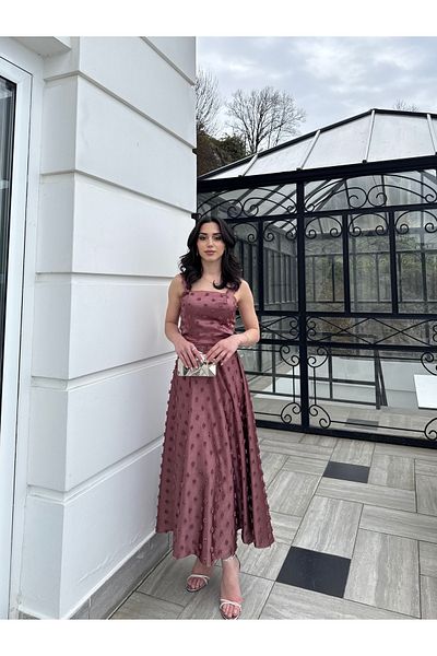 BEYZATURAN Dry Rose Eliza Long Flared Skirt Dress with Thick Straps