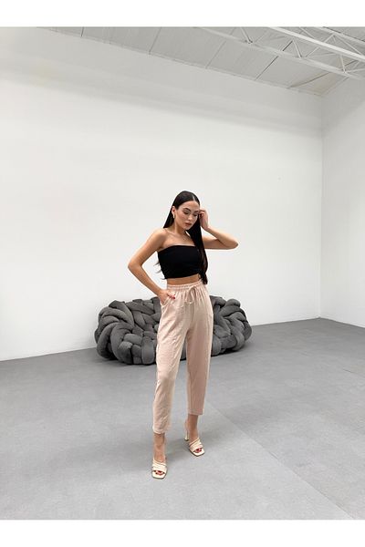 veres Women's Beige Ayrobin Fabric High Waist Loose Fitting Summer Baggy Pants
