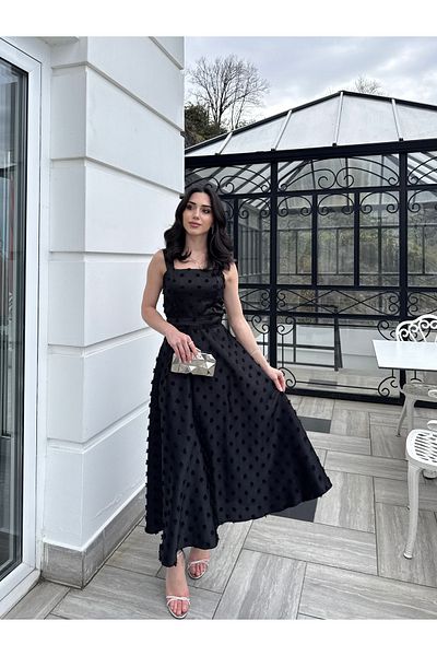 BEYZATURAN Black Eliza Long Flared Skirt Dress with Thick Straps