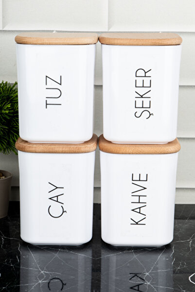 DNS HOME 4'lü Vakumlu Bambu Ahşap Kapaklı Çay Şeker Kahve Tuz Saklama Kabı Porselen Görünüm Akrilik Etiketlii