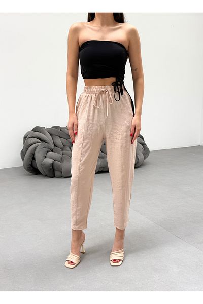 veres Women's Beige Ayrobin Fabric High Waist Loose Fitting Summer Baggy Pants