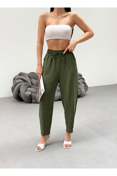 veres Women's Khaki Ayrobin Fabric High Waist Loose Fitting Summer Baggy Pants