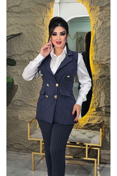 ANKA BOUTIQUE Lined Double Breasted Striped Vest Set