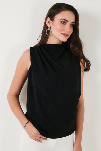 Lela Slim Fit Stand Collar Shoulder Drawstring Blouse Bluz 6527836