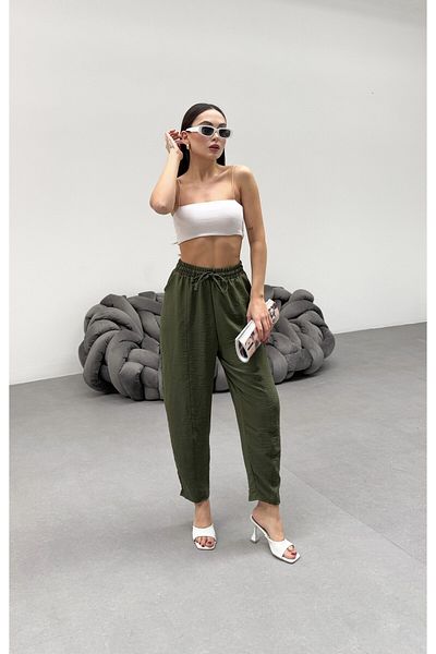 veres Women's Khaki Ayrobin Fabric High Waist Loose Fitting Summer Baggy Pants