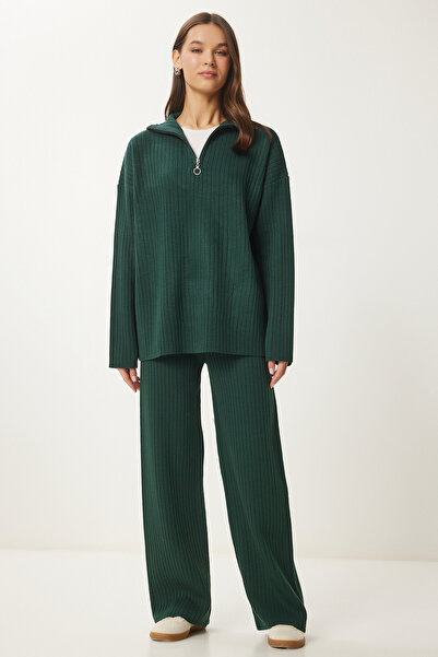 Lovelyİstanbul Fermuarlı Fitilli Triko Kazak Pantolon Takım ZÜMRÜT YEŞİLİ LPF...
