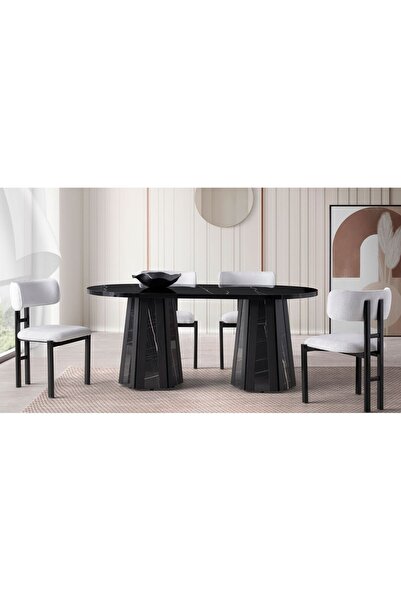 Viento Mobilya Bohem Sonato Highgloss Sabit 180X90 Masa Tuna 8 Kişilik Beyaz Bukle Kumaş Sandalye Masa Takımı