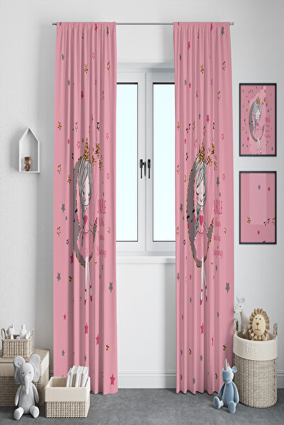 BelezaHome Pink Girl on the Moon Decorative Children's Room Background Curtain