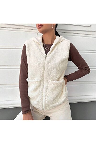 memetti m şekil Γυναικείο μαλακό βελούδινο γιλέκο με κουκούλα και τσέπη με φερμουάρ