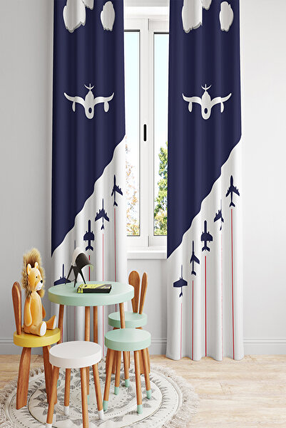 BelezaHome Blue White Airplane Decorative Children's Room Background Curtain