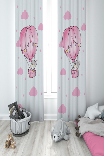 BelezaHome Pink Flying Balloon and Elephant Decorative Children's Room Background Curtain