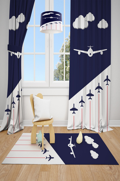 BelezaHome Blue White Airplane Decorative Children's Room Background Curtain