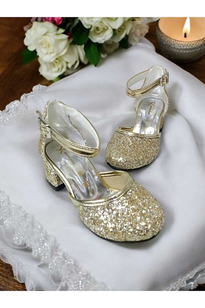 PATİK BEBE PANTOFI DE ROCHIE DE SEARĂ CU TOC PĂTRAT DE CULOARE AURIE