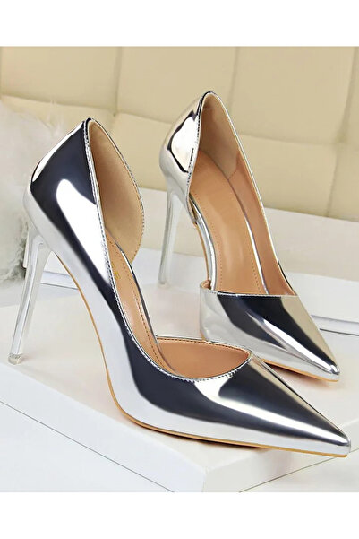TrendyAnka Women's Silver Nude Patent Leather Side Slit 8cm Thin Transparent Cover Heels Stiletto Evening Dress Shoes