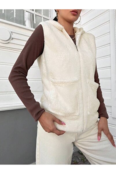 memetti m şekil Γυναικείο μαλακό βελούδινο γιλέκο με κουκούλα και τσέπη με φερμουάρ