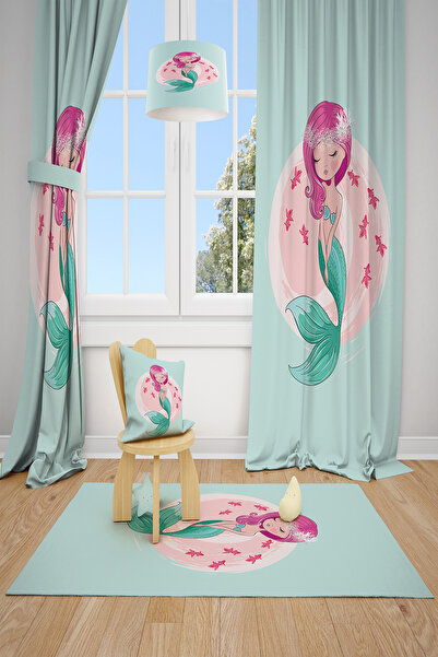 BelezaHome ستارة خلفية لغرفة الأطفال مزخرفة بحورية البحر باللون الفيروزي الوردي