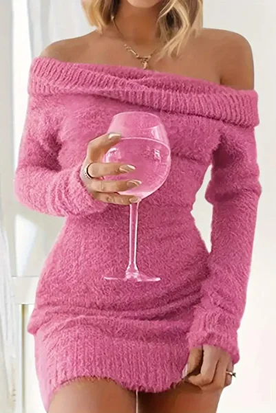 Mossta Madonna collar short Fleece-Lined soft dress pink