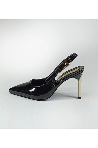 Everest Women's Steletto Gold Heel Black Patent Leather Long Buckle Open Back