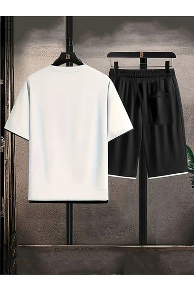 Machetta Men's New Season 100% Cotton White Detailed T-Shirt Shorts Set