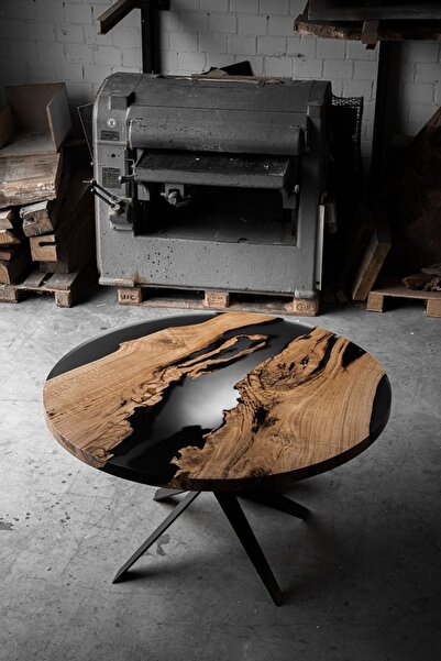 shardywood Siyah Yuvarlak Meşe Ağacı Epoksi Masa Yemek Masası