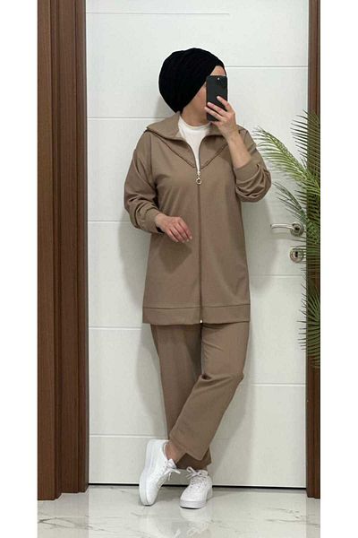 masalabiyem Beige Collar Stone Zippered Double Set