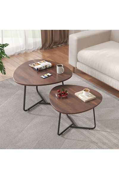 1st Oval Wood Coffee Table Set with Triangle Base - 2 Pieces - Brown & Black