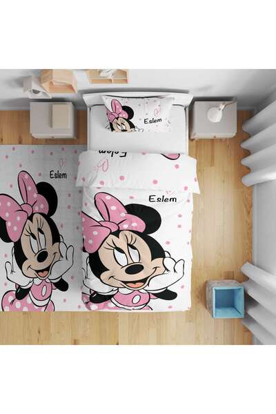 adenkahome İsme Özel, Minnie Mouse Desen Tek Kişilik Nevresim Seti