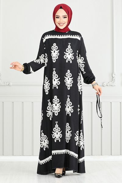 ModaMerve Ethnic Pattern Hijab Μαύρο Φόρεμα 802OZR1047-M