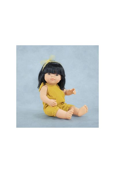 Miniland Asian girl doll 38 cm in mustard jumpsuit, scented body, My Friends and Me collection