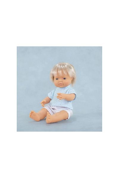 Miniland Blond Caucasian boy doll 38 cm with blue t-shirt, scented body, My Friends and Me collection