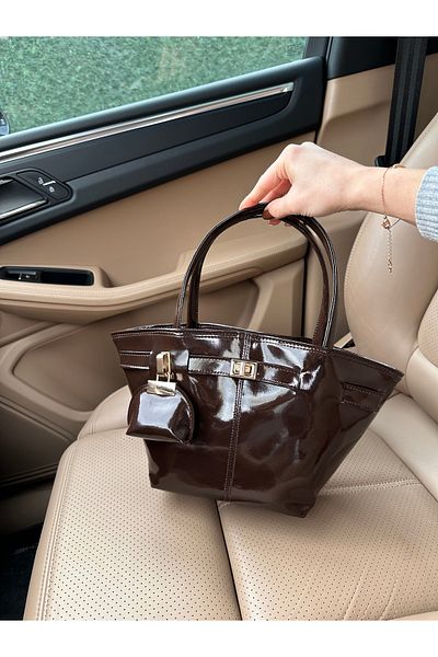NOTHING Women's Charm Detailed Brown Patent Leather Magnet Closure Hand and Shoulder Bag Samira