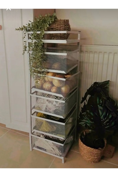 Vespak Sebzelik Meyvelik Tekerlekli 5 Katlı Kare Metal Paslanmaz Beyaz