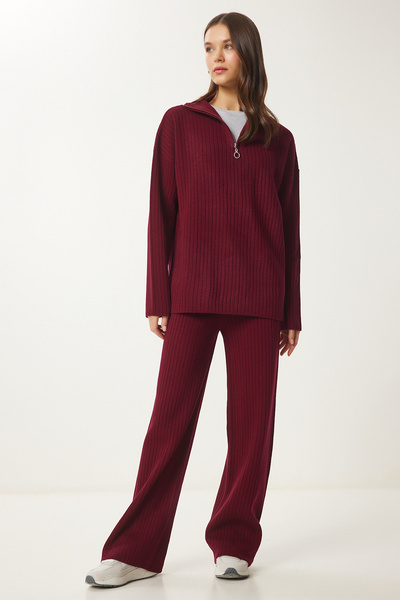 Lovelyİstanbul Ribbed Knitwear Sweater and Trousers Set - Zip-Up, Bordo Lpf0092