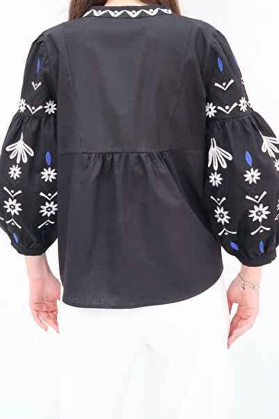 VAGGON Women's Black Balloon Sleeve Embroidered Jacket Vgn-X10541