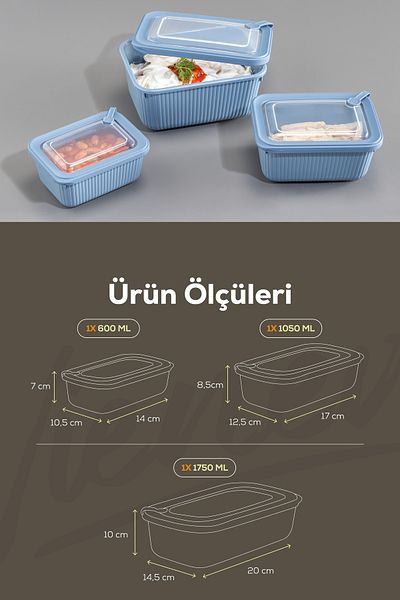 Vienev Blue 3-Piece Vip Rectangular Microwave & Diffuse Suitable 3-Piece Diaper Set 1750/1050/600 ml