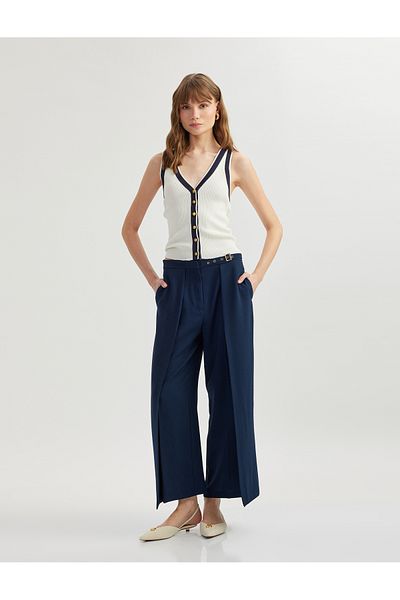 Koton Crepe Fabric Loose Fit Wide Leg Trousers with Belt Pockets