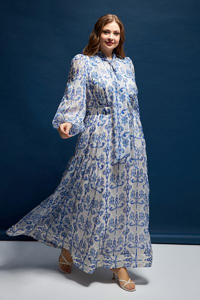 İnce Plus Size Long Silky Chiffon Dress with Shawl Neckline Belt Detail