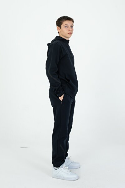 Black One Boy/Girl's Zippered Double Pocket Detailed Hooded Tracksuit Set