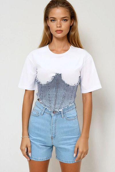VAGGON Bluză de damă, albastru gheață, cu decolteu rotund, fără căptușeală, cu garnitură de jeans Prmx12245