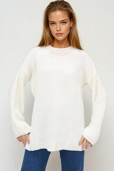 VAGGON Women's Ecru Crew Neck Double Sleeve Thessaloniki Knitted Oversize Winter Sweater Prmx7346