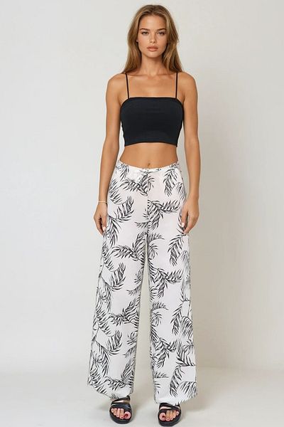 VAGGON Pantaloni Palazzo țesuți din in, negri, cu modele florale, Prmx11861