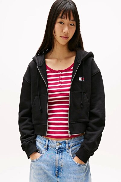 Tommy Hilfiger Jachetă neagră cu glugă și fermoar pentru femei