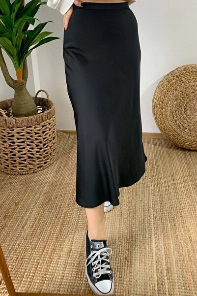 HSNLİFE Μαύρη ελαστική μέση ίσια σατέν φούστα
