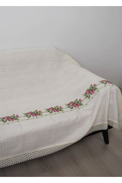 TUNCAY TEKSTİL 180 cm Cross Stitched Sofa Bed Sofa Cover Red Embroidered