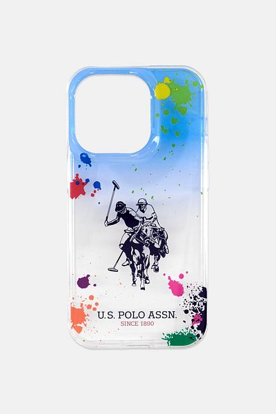 U.S. Polo Assn. جراب iPhone 14 Pro بنمط متناثر، مجموعة زرقاء