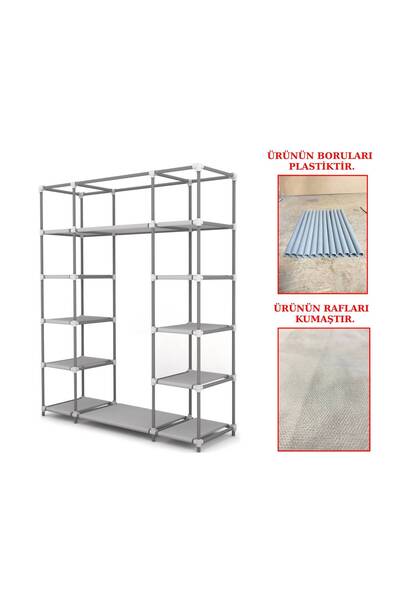 Burak Plastik Profilli Siyah Çift Yandan Raflı Bez Dolap Gardrop