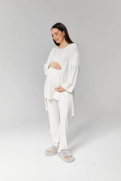Pelin Women's Ecru Double Breasted Pajamas - Maternity Dressing Gown 3Pcs & Hidden Nursing Collar