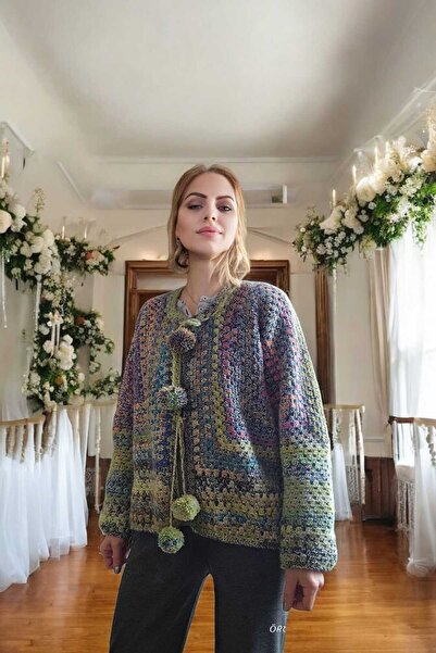 Örgü Sanatı El Örgüsü Patchwork Ömürlük Hırka, Ponpon Detaylı, Benzersiz Renk...